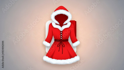 A festive red santa claus dress with white fur trim and a matching belt is displayed on a light background with subtle snowflake and vine patterns