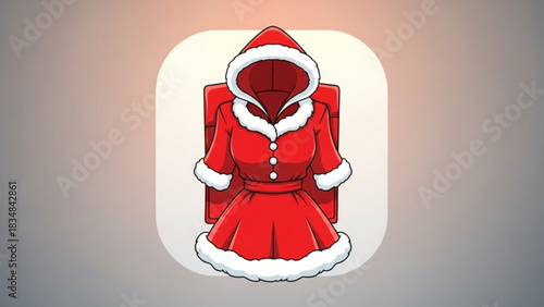 Stylized illustration of a red santa claus dress with white fur trim and a matching hooded cape presented as a modern icon against a soft gradient background