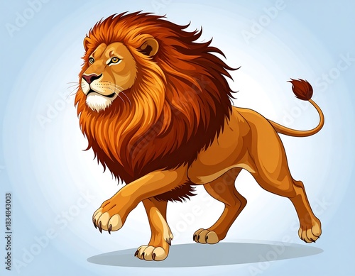 A majestic male feline with a golden mane and fur, walking confidently against a light blue gradient background