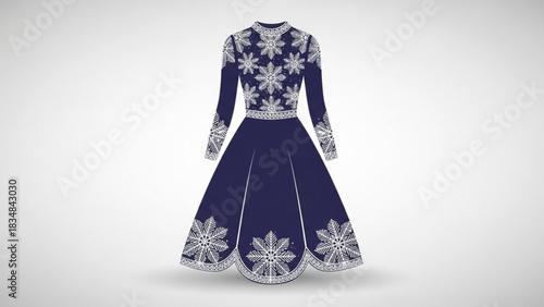 Elegant dark blue long sleeve dress adorned with intricate white snowflake patterns on the bodice sleeves and hemline perfect for winter fashion and holiday celebrations