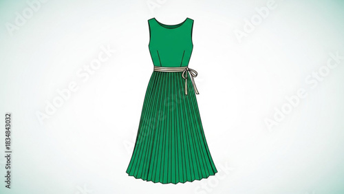 A simple illustration of a sleeveless emerald green pleated midi dress with a cream colored sash tied in a bow at the waist against a soft gradient background