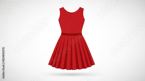 A simple elegant sleeveless red dress with a pleated skirt and a thin waistband isolated on a clean white background with a subtle shadow