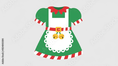 A festive green elf dress with red and white striped accents a white apron a golden buckle belt and two jingle bells perfect for christmas holiday celebrations