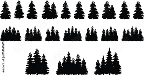 “Silhouette evergreen forest tree bundles creating natural woodland compositions for outdoor design, rustic landscapes, wilderness scenes, nature graphics, and scenic vector art.”