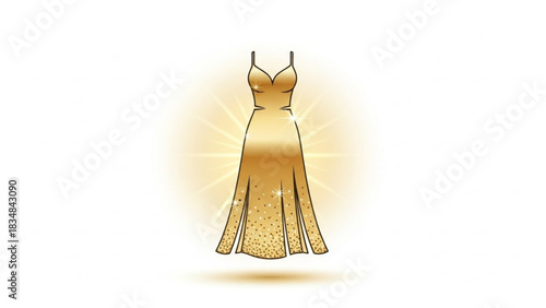 Elegant golden evening gown with sparkling glitter details and a radiant glow on a white background symbolizing luxury and celebration