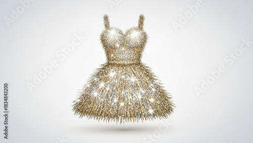 A dazzling golden and silver sequin dress with sparkling starburst highlights suspended against a soft gradient background evoking glamour and celebration
