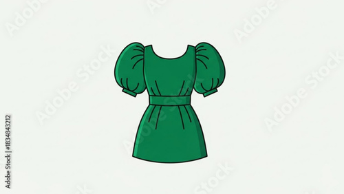 A simple flat illustration of a short green dress with voluminous puff sleeves and a belted waist presented on a plain white background