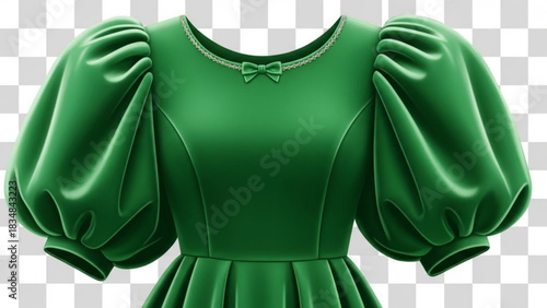 Elegant green puff sleeve dress with a delicate bow and shimmering neckline detail perfect for formal occasions or whimsical fashion illustrations