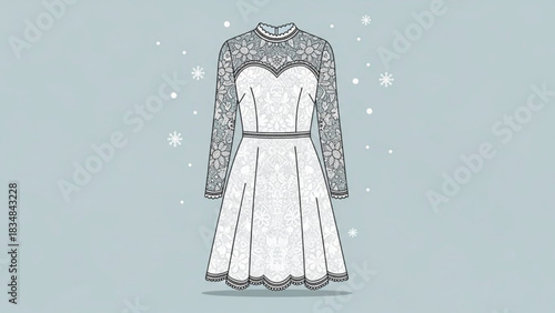 Elegant white lace dress with long sleeves and a high neckline adorned with delicate floral patterns and falling snowflakes against a soft blue background
