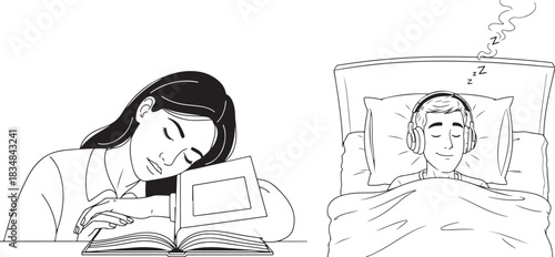 Black and White Vector Illustration of People Sleeping and Resting
