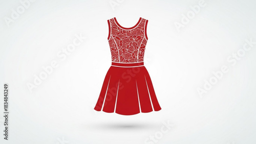 Elegant red sleeveless a line dress with intricate white lace overlay on the bodice and a pleated skirt isolated on a clean white background