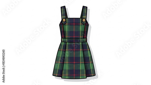 A charming green plaid pinafore dress with a pleated skirt and buttoned straps presented as a clean flat fashion illustration on a white background