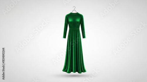Elegant emerald green velvet long sleeve maxi dress with a cinched waist displayed on a hanger against a clean white background