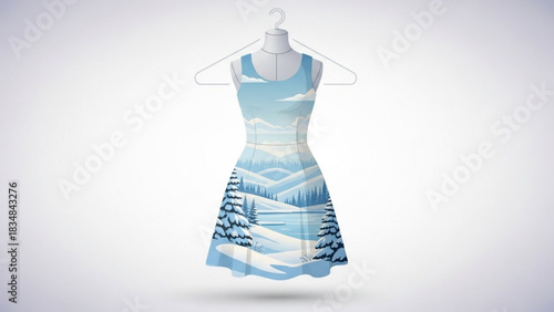 A stylish sleeveless dress displayed on a mannequin features a beautiful winter landscape scene with snow covered hills pine trees and a frozen lake under a clear blue sky