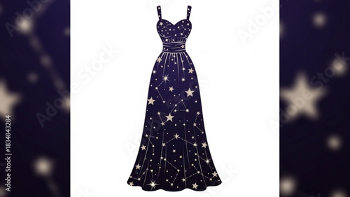 Elegant dark blue evening gown adorned with a celestial pattern of constellations and sparkling stars perfect for a magical night