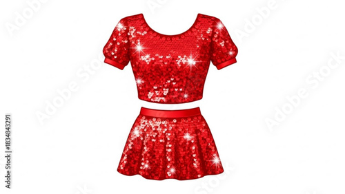 Sparkling red sequin crop top and flared mini skirt set with glitter accents and a white background perfect for parties and celebrations