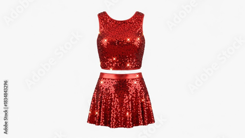 Sparkling red sequin crop top and flared mini skirt set with satin waistband perfect for parties festivals and glamorous events