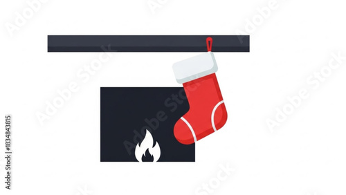 A festive red christmas stocking with white trim hangs from a dark mantelpiece above a minimalist fireplace with a white flame icon on a white background