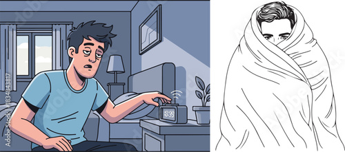 Cartoon of Exhausted Man Snoozing Alarm with Minimalist Wrapped Figure Art