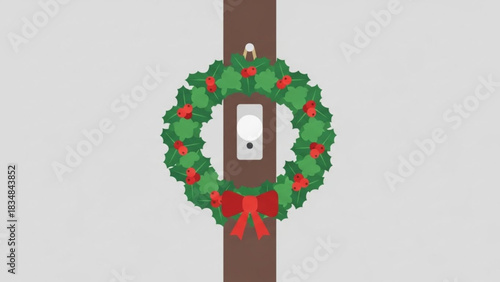 A festive christmas holly wreath adorned with red berries and a bright red bow hangs on a brown doorframe next to a doorbell