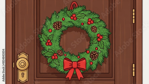 A festive green christmas wreath adorned with pinecones holly berries and a bright red bow hangs on a rustic wooden door with a brass doorknob and keyhole