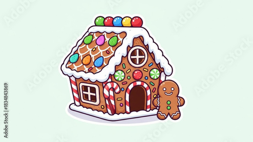 A charming cartoon gingerbread house decorated with colorful candies and icing standing beside a friendly gingerbread man perfect for festive holiday designs and sweet winter celebrations