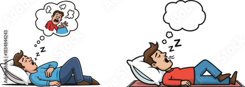 Colorful Cartoon Illustration of Men Sleeping with Contrasting Dreams