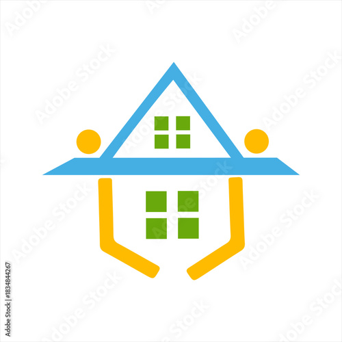 Stylized house icon with people embracing it for a sense of home and community