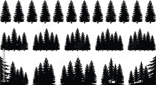 Collection of pine and fir tree silhouettes featuring individual trees and forest groupings for nature design, landscape illustration, outdoor scenery, and vector projects.