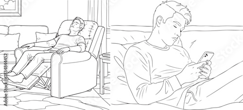 Monochrome Vector Illustrations of Young Man Relaxing Indoors