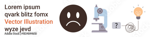 Problem-solving, research, scientific study, brainstorming, knowledge, innovation. Sad face next to a microscope and lightbulb. Problem-solving and research concept