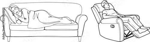 Monochrome Line Art Vector Illustration of People Relaxing on Comfortable Furniture