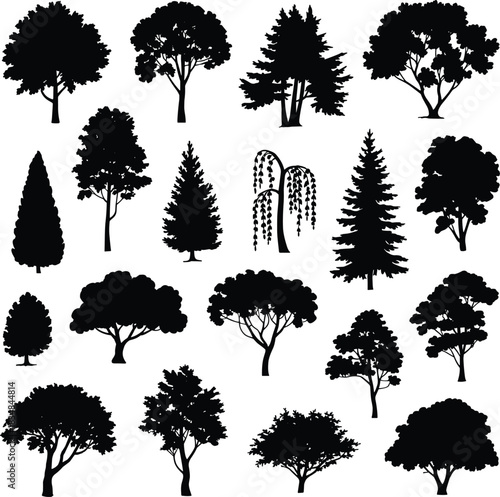 Silhouette collection of diverse tree shapes featuring natural forest elements, botanical variety, landscape design resources, and detailed black vector tree illustrations.