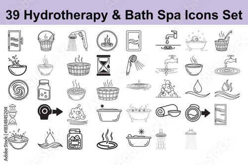 Set of thirty nine hydrotherapy and bath spa icons featuring various elements related to relaxation and wellness treatments