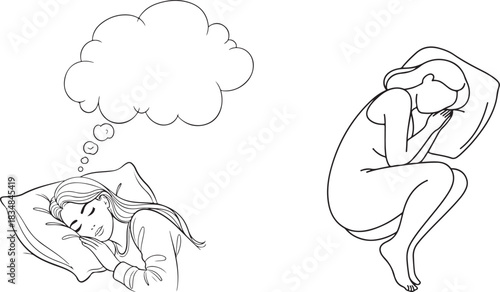 Minimalist Black Line Art of Two Women Sleeping and Dreaming
