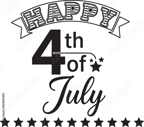 Happy 4th of July Black and White Vector Graphic: Patriotic Independence Day Celebration Design with Stars and Festive Banner