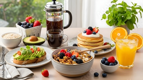 Breakfast spread with fruit and coffee