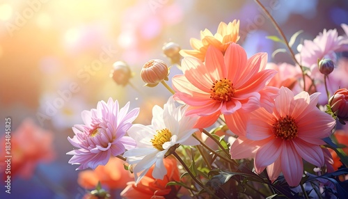Close-up of colorful blossoms bathed in warm, golden sunlight