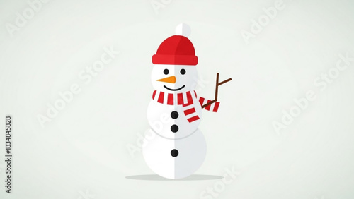 A cheerful cartoon snowman wearing a red knitted hat and a striped red and white scarf stands against a pale grey background with a subtle shadow