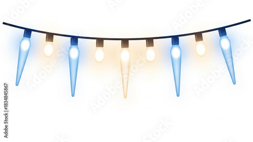 Festive string lights featuring a mix of warm incandescent bulbs and cool blue icicle shaped lights draped across a dark wire on a white background