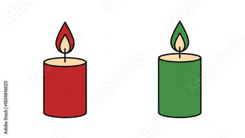 Two lit candles one red and one green with simple flames and a white background representing holidays and celebrations