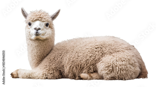 A fluffy light brown alpaca lying down with its head up looking forward on a black background