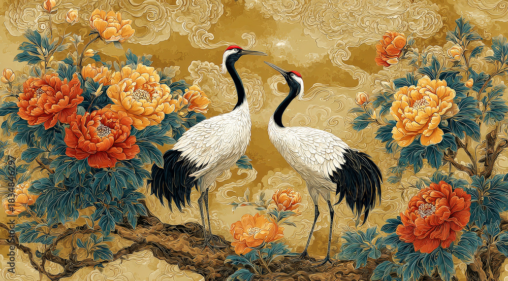 Obraz premium Traditional Chinese painting with cranes and peonies in a beautiful setting