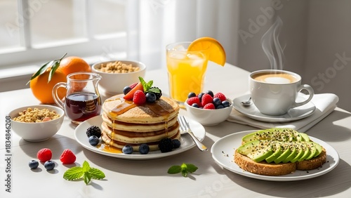 Breakfast spread pancakes toast fruits juice