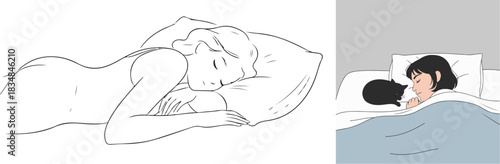 Minimalist Line Art and Flat Color Vector Illustrations of Sleep