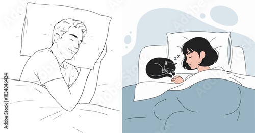 Stylized Illustrations of People Sleeping Peacefully with Cat in Bed