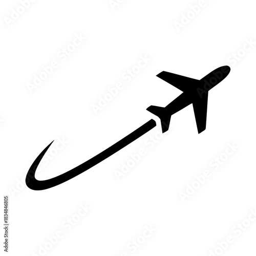 Simple silhouette of an airplane ascending on a curved path