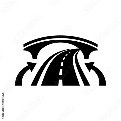 Abstract road leading under a bridge with directional arrows