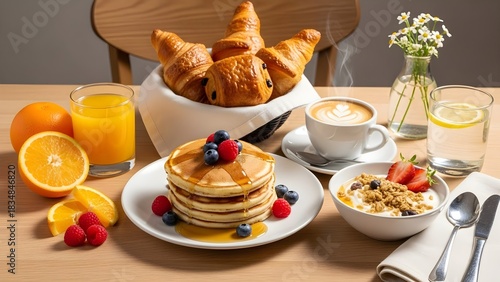 Breakfast spread with various foods and beverages