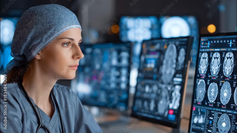 Female doctor analyzing brain scans on multiple monitors in modern lab ...
